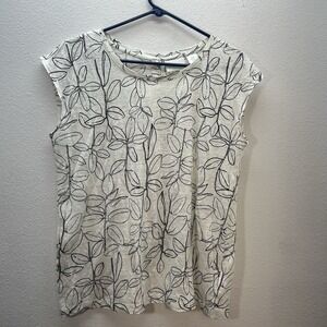 Cynthia Rowley 100% Linen Cap Sleeve Top Size M Black White Floral Minimalist